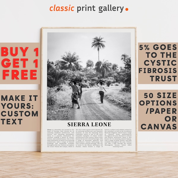 Sierra Leone Print, Sierra Leone Wall Art, Black and White Poster, Personalized Birthday Travel Gift Present West Africa 12242a2