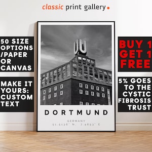 Dortmund Poster Schwarz-Weiß-Druck, Dortmund Wandkunst, Dortmund Reiseposter Foto, Dortmund Karte, Deutschland, Nordrhein Westfalen, 3384