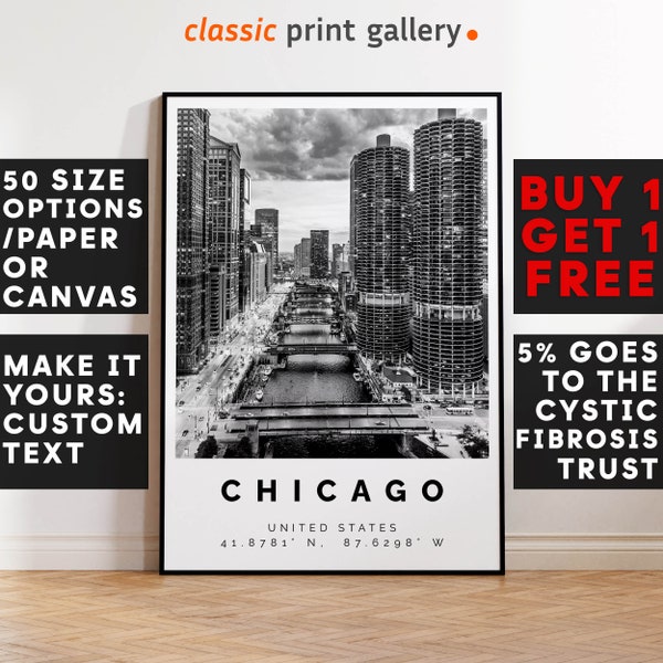 Chicago Poster Black and White Print, Chicago Wall Art, Chicago Travel Poster, Chicago Photo Print, Illinois, United States, 2939