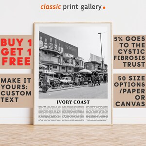 Ivory Coast Print, Ivory Coast Wall Art, Ivory Coast Black and White Poster, Personalized Birthday Travel Gift Present Africa 11818a
