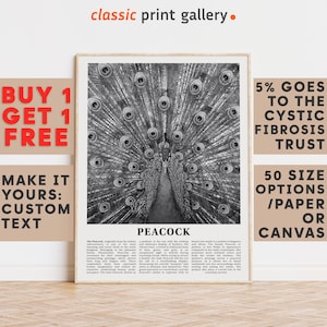 Peacock Print, Peacock Wall Art Poster, Black White Classroom Teacher Gift Present Kids Room Nursery Photography Artwork Biology Art 14758a