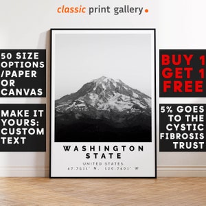 Washington State Poster Black and White Print, Washington Wall Art, Washington Travel Photo, Washington Map, State Poster Print, 3882