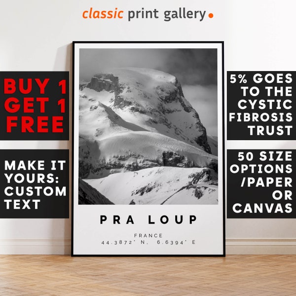 Pra Loup Print,Pra Loup Wall Art,Pra Loup Black and White Poster,Personalized Birthday Travel Gift Present Artwork France 13268a