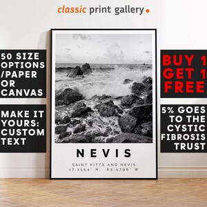 Nevis Poster Black and White Print, Nevis Wall Art, Nevis Travel Photo, Nevis Map, Caribbean Poster, Caribbean Print, 4543b