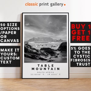 Table Mountain Poster Black and White Print, Table Mountain Wall Art Travel Poster, Table Mountain Photo Print, South Africa,4770a
