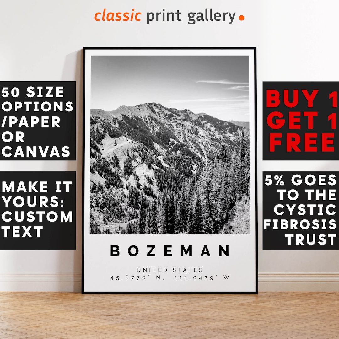 Bozeman Poster Black and White Print, Bozeman Wall Art, Bozeman Travel