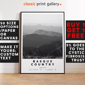 Basque Country Poster Black and White Print, Basque Country Wall Art, Basque Country Travel Poster, Basque Country Photo Print, Map, 3074