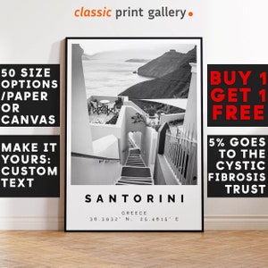 Santorini Poster Black and White Print, Santorini Wall Art, Santorini Travel Photo, Santorini Map, Greece Poster, Greece Print, 4223