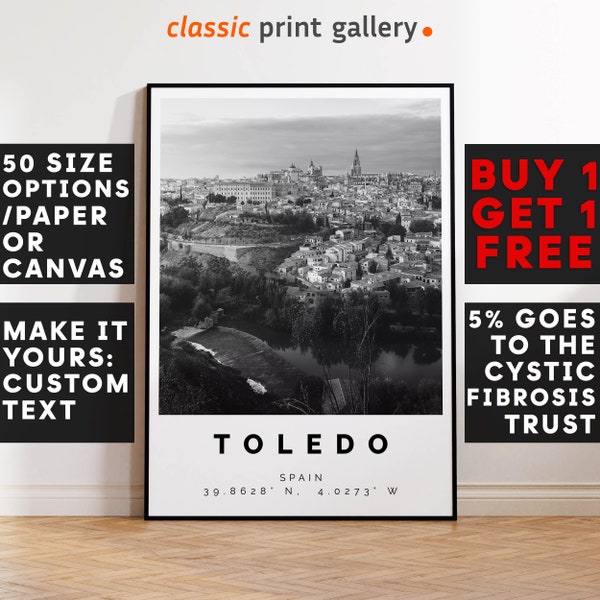 Toledo Poster Black and White Print Spain, Toledo Wall Art, Toledo Travel Photo, Toledo Map, Spain Poster, Spain Print, 4006