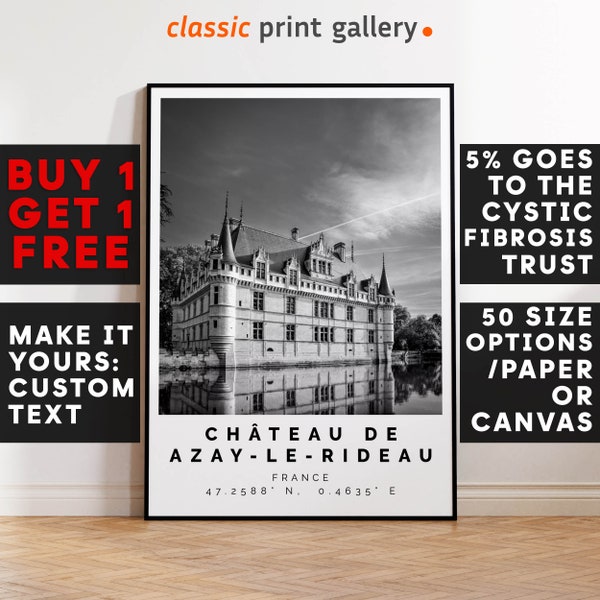 Château de Azay-le-Rideau Druck, Wandkunst, Schwarz-Weiß-Poster, personalisiertes Geburtstags-Reisegeschenk, Fotografie-Kunstwerk, Frankreich 13016a