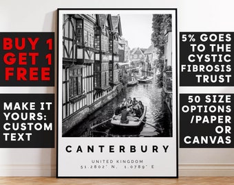 Canterbury Print,Canterbury Wall Art,Canterbury Black and White Poster,Personalized Birthday Travel Gift Present Artwork Uk 12442a