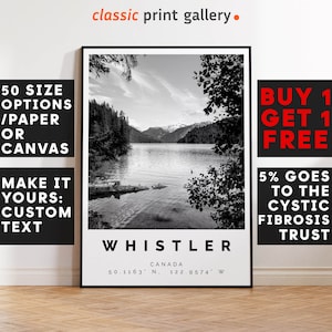 Whistler Poster Black and White Print, Whistler Wall Art, Whistler Travel Photo, Whistler Map, British Columbia Poster, Canada Print, 3863