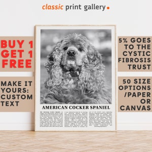 American Cocker Spaniel Print,Cocker Spaniel Wall Art Poster, Black White Classroom Teacher Gift Present Kids Room Nursery Art 14532a