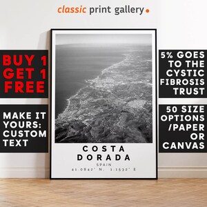 Costa Dorada Print,Costa Dorada Wall Art,Costa Dorada Black and White Poster,Personalized Birthday Travel Gift Present Spain 12681a
