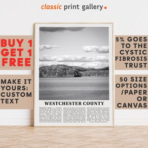 Westchester County Print, Westchester County Wall Art,Black and White Poster, Personalized Birthday Travel Gift Present USA 12380a