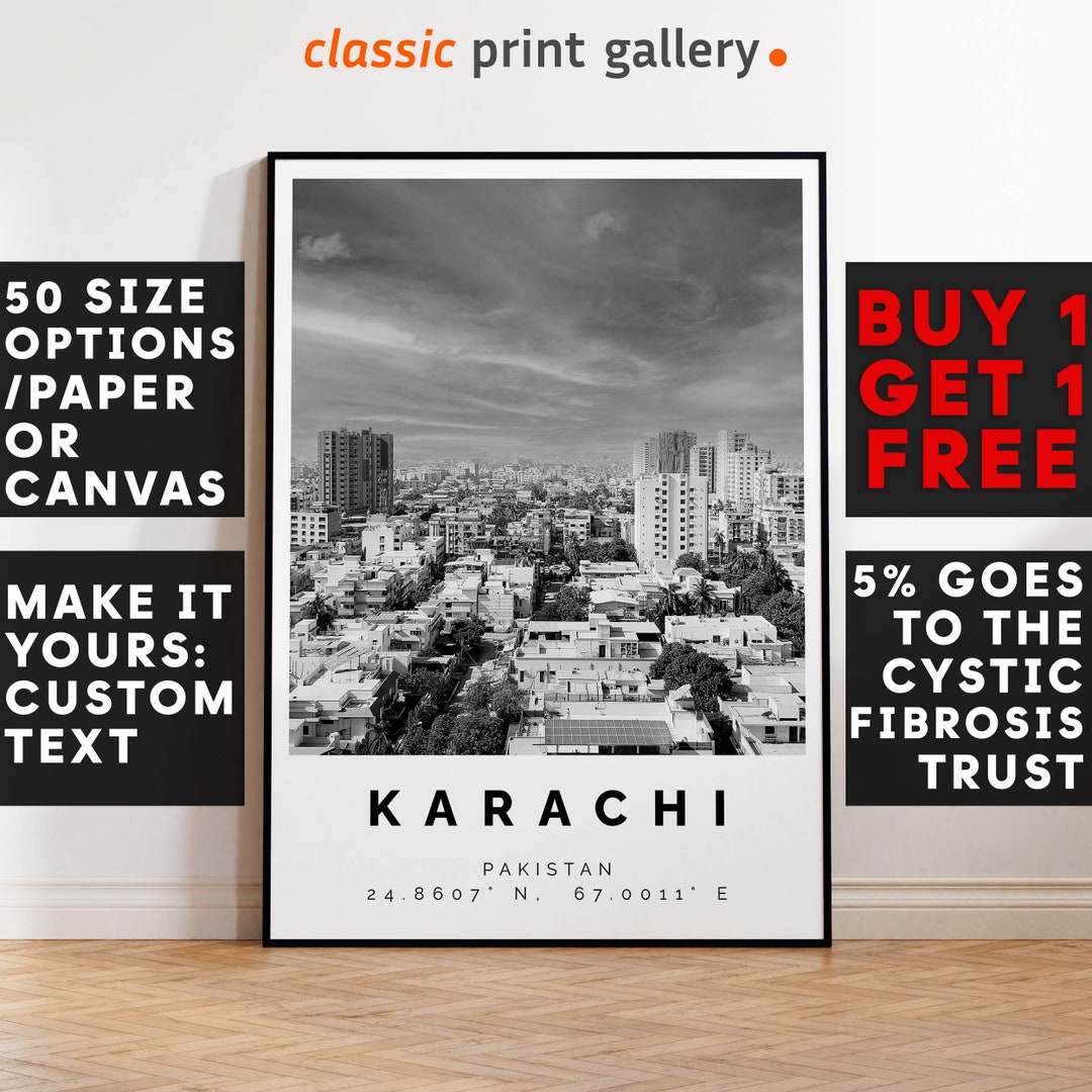 Karachi Poster Black and White Print, Karachi Wall Art, Karachi Travel Photo, Karachi Map