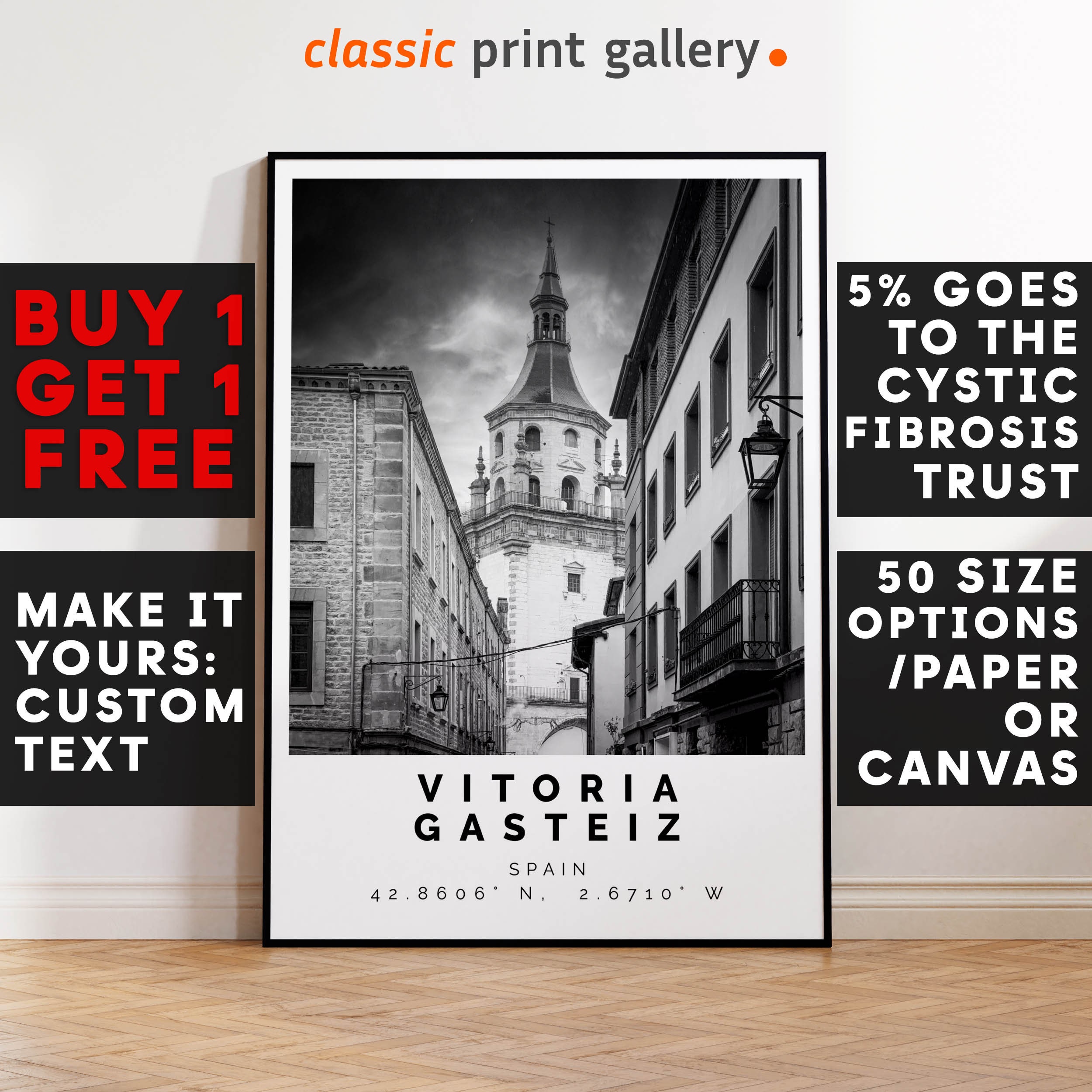 Vitoria Gasteiz Print,Vitoria Gasteiz Wall Art,Vitoria Gasteiz Black and White Poster,Personalized Birthday Travel Gift Spain 12632a