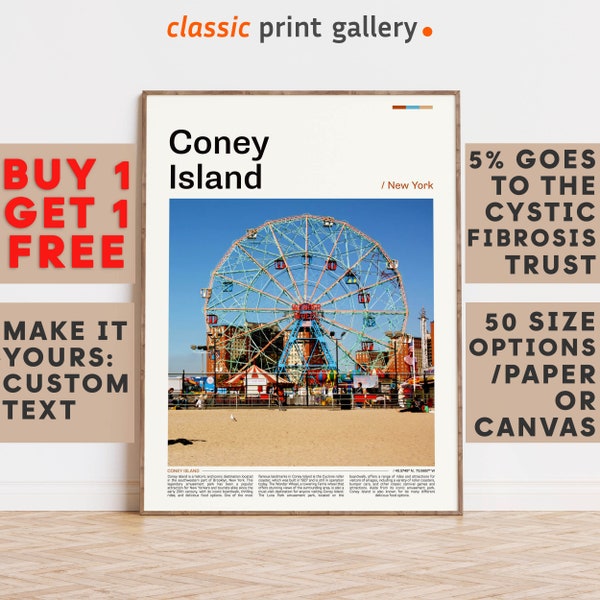 Coney Island Print, Coney Island Wall Art, Coney Island Color Poster With Text, Personalized Birthday Travel Gift Present, USA 11612b
