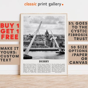 Derry Print, Derry Wall Art, Derry Black and White Poster, Personalized Birthday Travel Gift Present Photography  Artwork, UK 11652a