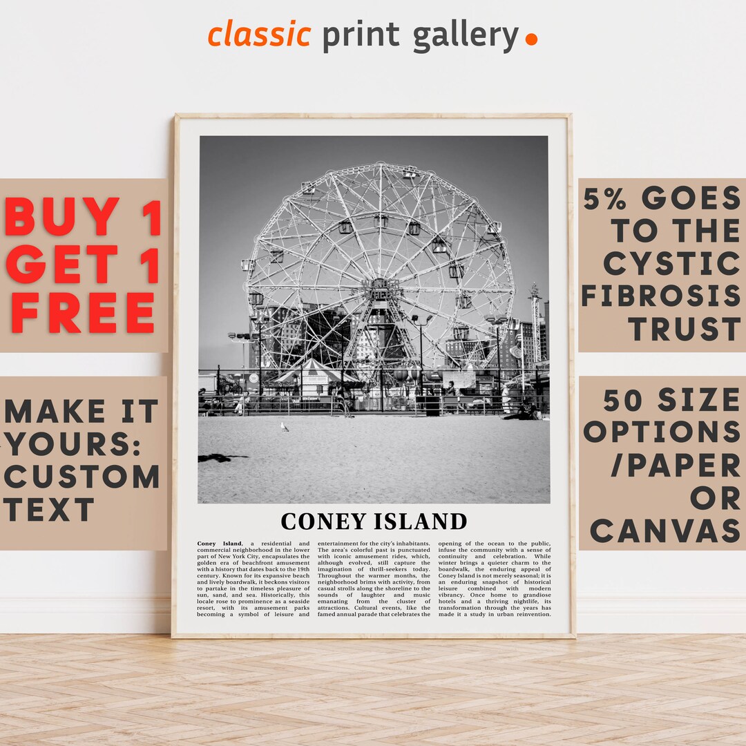 Coney Island Print, Coney Island Wall Art, Coney Island Black and White Poster, Personalized ...