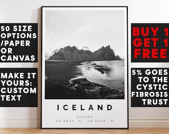 Iceland Poster Black and White Print, Iceland Wall Art, Iceland Travel Photo, Iceland Map,Scandinavia Poster, Spring Print, 3604