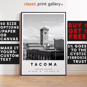 Tacoma Poster Black and White Print, Tacoma Wall Art, Tacoma Travel Photo, Tacoma Map, Washington Poster, Washington Print, 4078