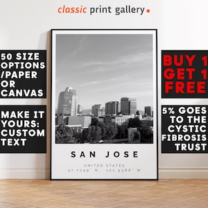 San Jose Poster Black and White Print, San Jose Wall Art, San Jose Travel Poster, San Jose Photo Print, California,USA,4776