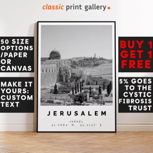 Jerusalem Poster Black and White Print, Jerusalem Wall Art, Jerusalem Travel Photo, Jerusalem Map, Jewish Gift, Israel, Bar Mitzvah, 3655