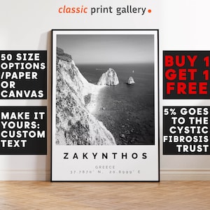 Zakynthos Poster Black and White Print, Zakynthos Wall Art, Zakynthos Travel Photo, Zakynthos Map, Greece Poster, Greece Print, 3838
