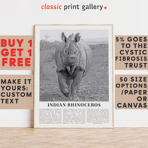 Indian Rhinoceros Print, Indian Rhinoceros Wall Art Poster, Black White Classroom Teacher Gift Present Kids Room Nursery Art 14690a