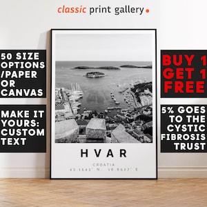 Hvar Poster Black and White Print, Hvar Wall Art, Hvar Travel Photo, Hvar Map, Croatia Poster, Croatia Print, 3594