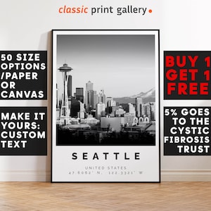 Seattle Poster Black and White Print, Seattle Wall Art, Seattle Travel Photo, Seattle Map, Washington State Poster, Washington Print, 4196