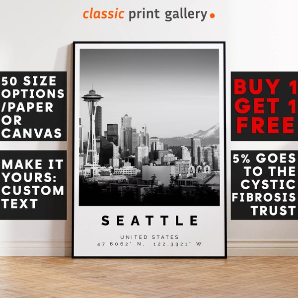 Seattle Poster Black and White Print, Seattle Wall Art, Seattle Travel Photo, Seattle Map, Washington State Poster, Washington Print, 4196