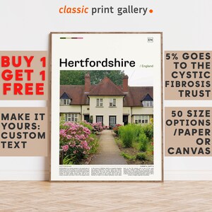 Hertfordshire Print, Hertfordshire Wall Art, Hertfordshire Color Poster With Text, Personalized Birthday Travel Gift Present, UK 11783b