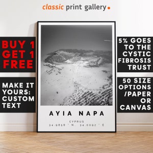 Ayia Napa Print,Ayia Napa Wall Art,Ayia Napa Black and White Poster,Personalized Birthday Beach Travel Gift Coastal Cyprus 14566a