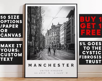 Manchester Poster Black and White Photo, Manchester Wall Art, Manchester Travel Poster, Manchester Photo Print, United Kingdom, 2807