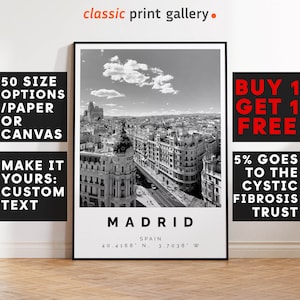 Madrid Poster Black and White Photo, Madrid Wall Art, Madrid Travel Poster, Madrid Photo Print, Madrid Skyline, Spain, City center 2783
