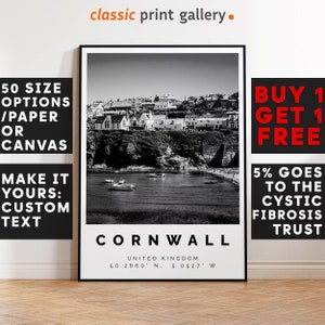 Cornwall Poster Black and White Print, Cornwall Wall Art, Cornwall Travel Poster Photo, Cornwall Map, England Print, English Coast, 2712