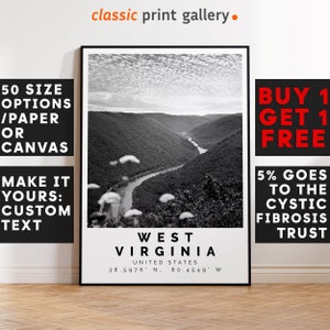 West Virginia Poster Black and White Print, West Virginia Wall Art, West Virginia Travel Photo, West Virginia Map, State Poster Print, 3873