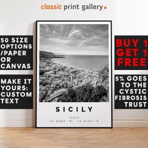 Sicily Poster Black and White Print, Sicily Wall Art, Sicily Travel Photo, Sicily Map, Italy Poster, Italy Print, 4169