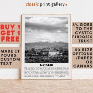 Kayseri Print, Kayseri Wall Art, Kayseri Black and White Poster, Personalized Birthday Travel Gift Present Photography Türkiye 11838a