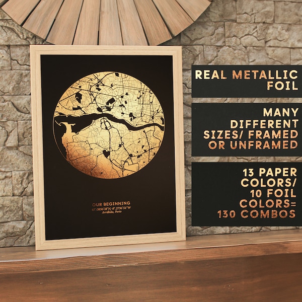 Custom Circular Metallic Foil Map with Personalized Text, Round Foil Map Print in Gold, Personalized with Your Special Quote F70