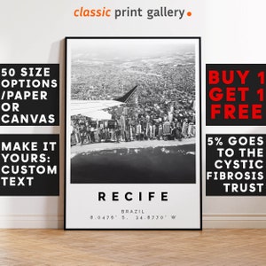 Recife Poster Black and White Print, Recife Wall Art, Recife Travel Photo, Recife Map, Brazil Poster, Brazil Print, 4306