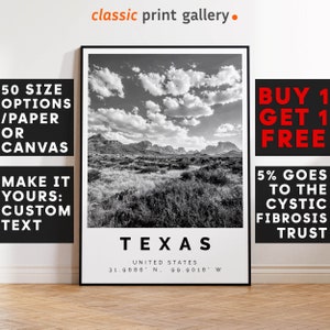 Texas Poster Black and White Print, Texas Wall Art, Texas Travel Photo, Texas Map, State Poster, State Print, 4040