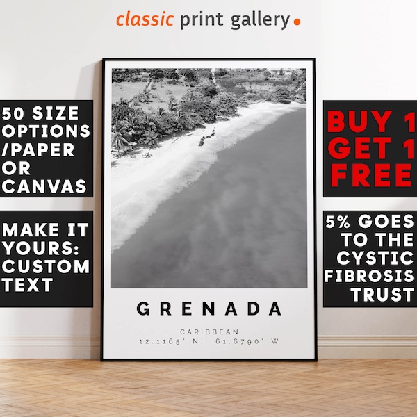 Grenada Poster,Grenada Print,Grenada Black and White Photographic Art, Wedding gift, Coordinates Poster, Travel Gift, 3504