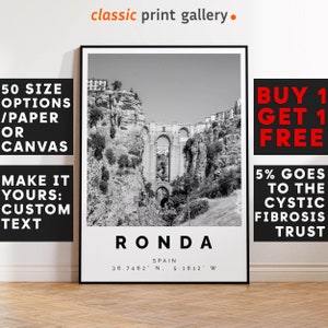 Ronda Poster Black and White Print, Ronda Wall Art, Ronda Travel Photo, Ronda Map, Spain Poster, Spain Print, 4264