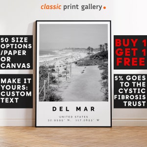 Del Mar Poster Black and White Print, Del Mar Wall Art, Del Mar Travel Poster Photo, Del Mar Map, California, Beach, Travel, Coastal, 3357