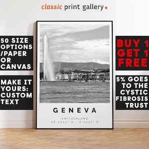 Affiche de Genève en noir et blanc, Décoration murale de Genève, Affiche de voyage de Genève, Carte de Genève, Affiche de Suisse, Impression de Suisse, 3467
