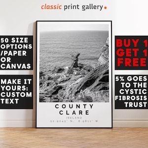 County Clare Poster Black and White Print, County Clare Wall Art, County Clare Travel Poster, County Clare Photo,Ireland,5769