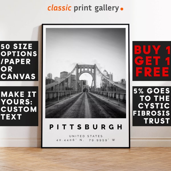 Pittsburgh Poster Black and White Print, Pittsburgh Wall Art, Pittsburgh Travel Photo, Pittsburgh Map, Pennsylvania Poster Print, 4382